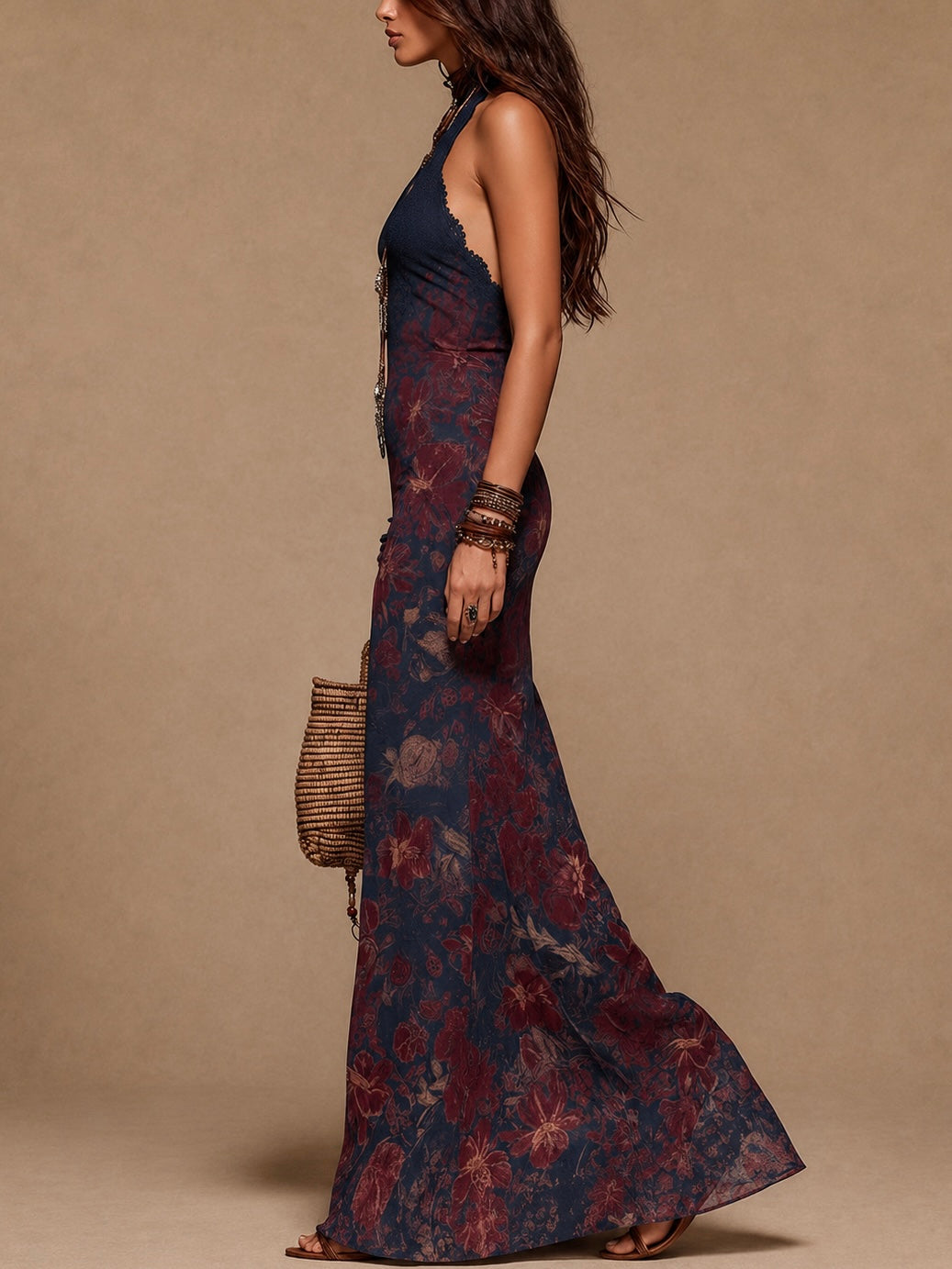 Lía - Vestido largo floral con encaje y corte sirena