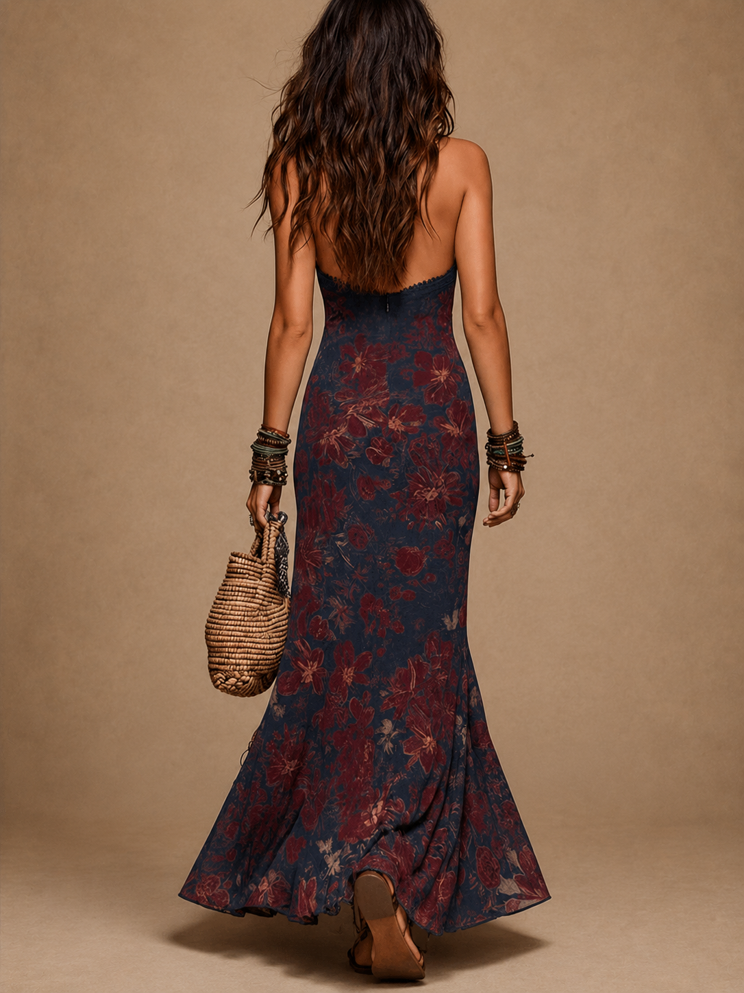 Lía - Vestido largo floral con encaje y corte sirena